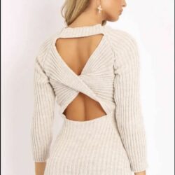 Beige maxi-bodycon-jumperjurk met  open twist - Karrah - Afbeelding 4